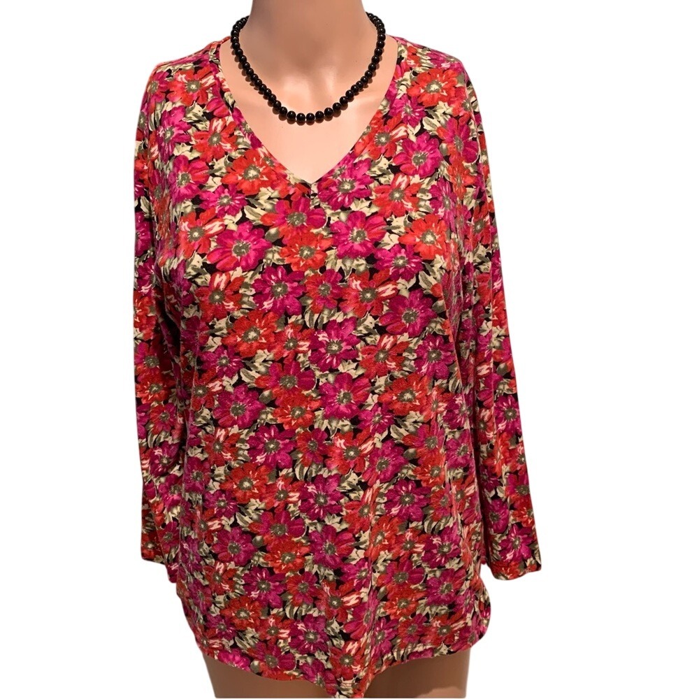 JONES NEW YORK. L. Sports Petite. floral top, pink & fuscia. Cotton.